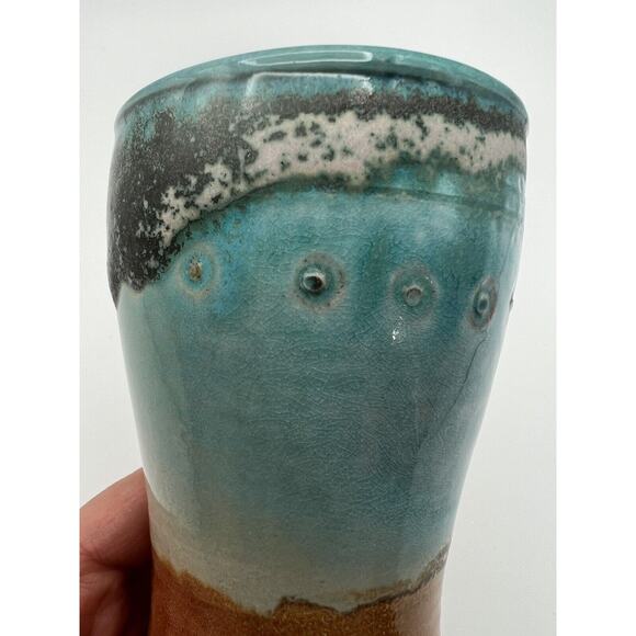Art Pottery Blue & Brown Glazed 5” Tumbler Cup Artist Signed - Picture 6 of 10